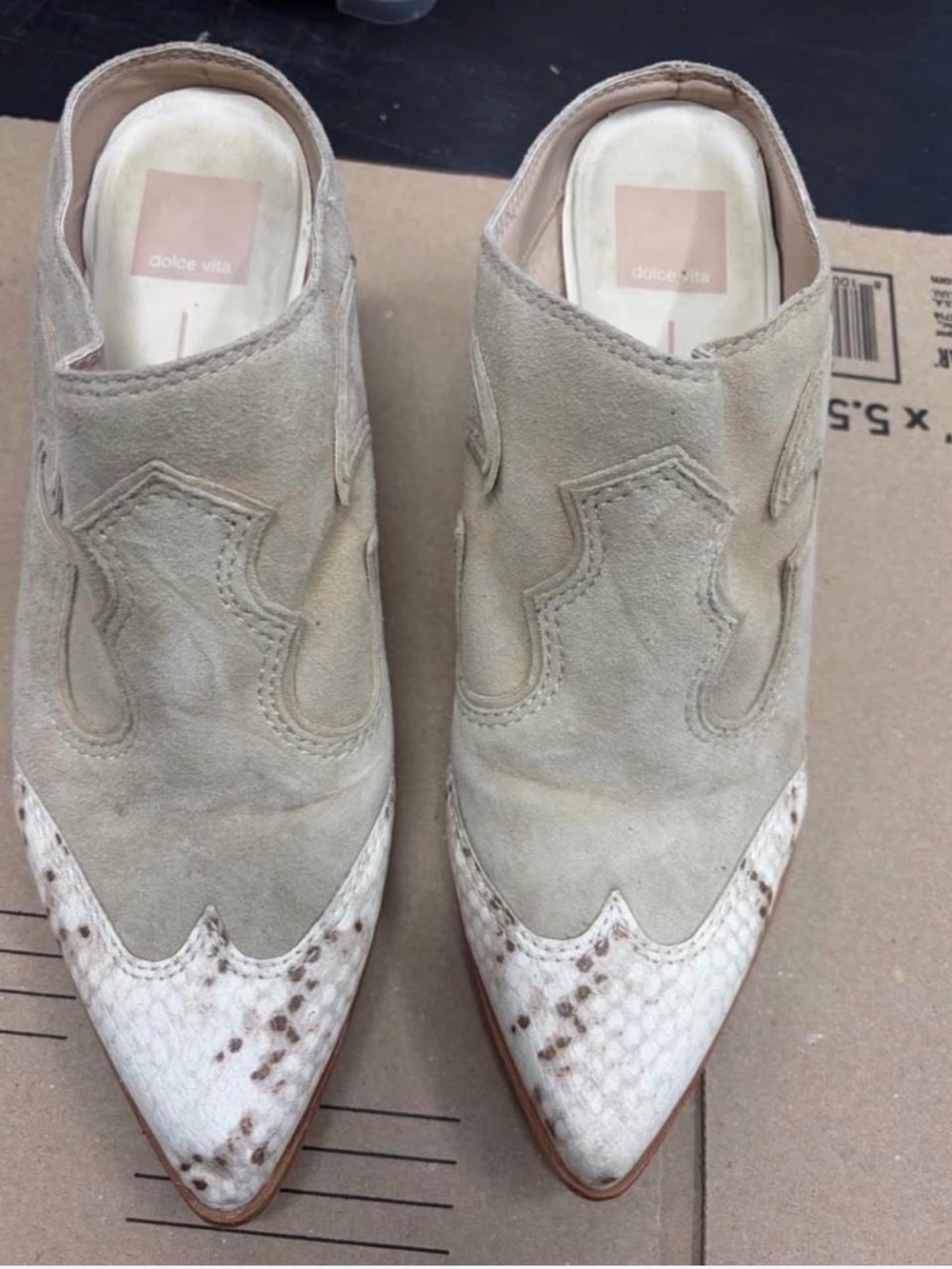 Dolce Vita Taupe Suede Pointed Mule with Ivory Snakeskin Toe